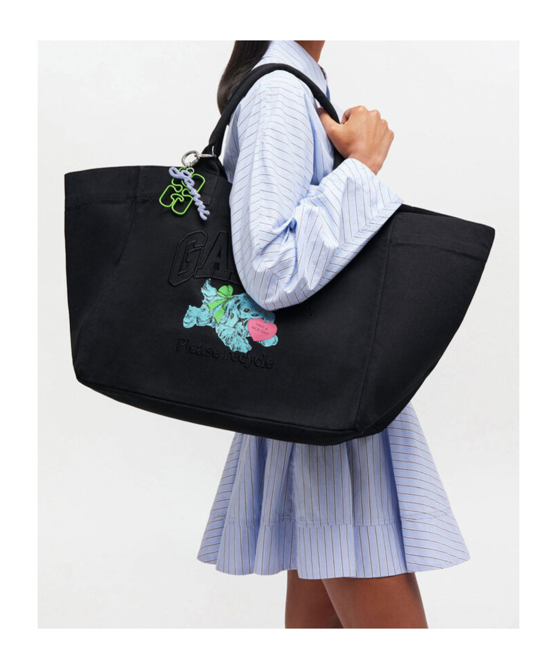 Ganni Black Puppy Xxl Canvas Tote Bag In Black