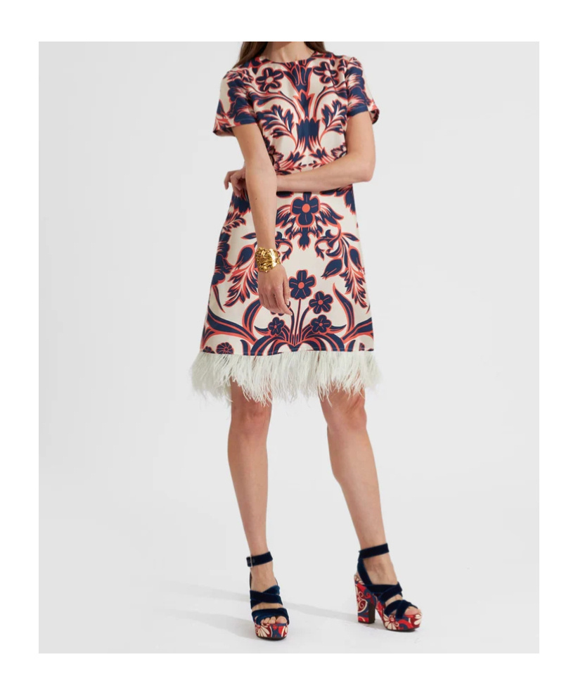 La Doublej Floral-print Feather-trim Minidress In Brown