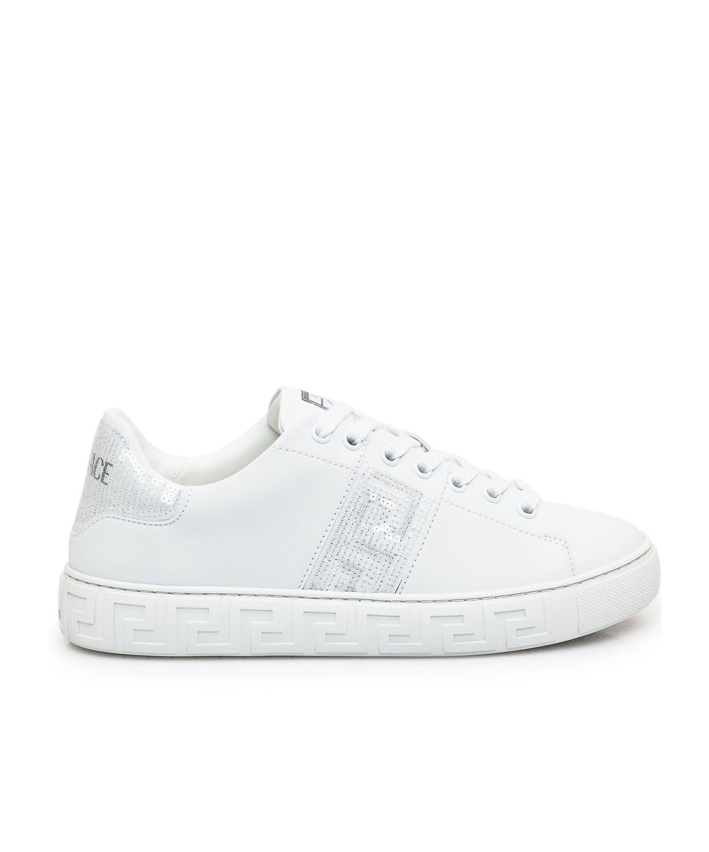 Shop Versace Greca-embellished Lace-up Sneakers In White