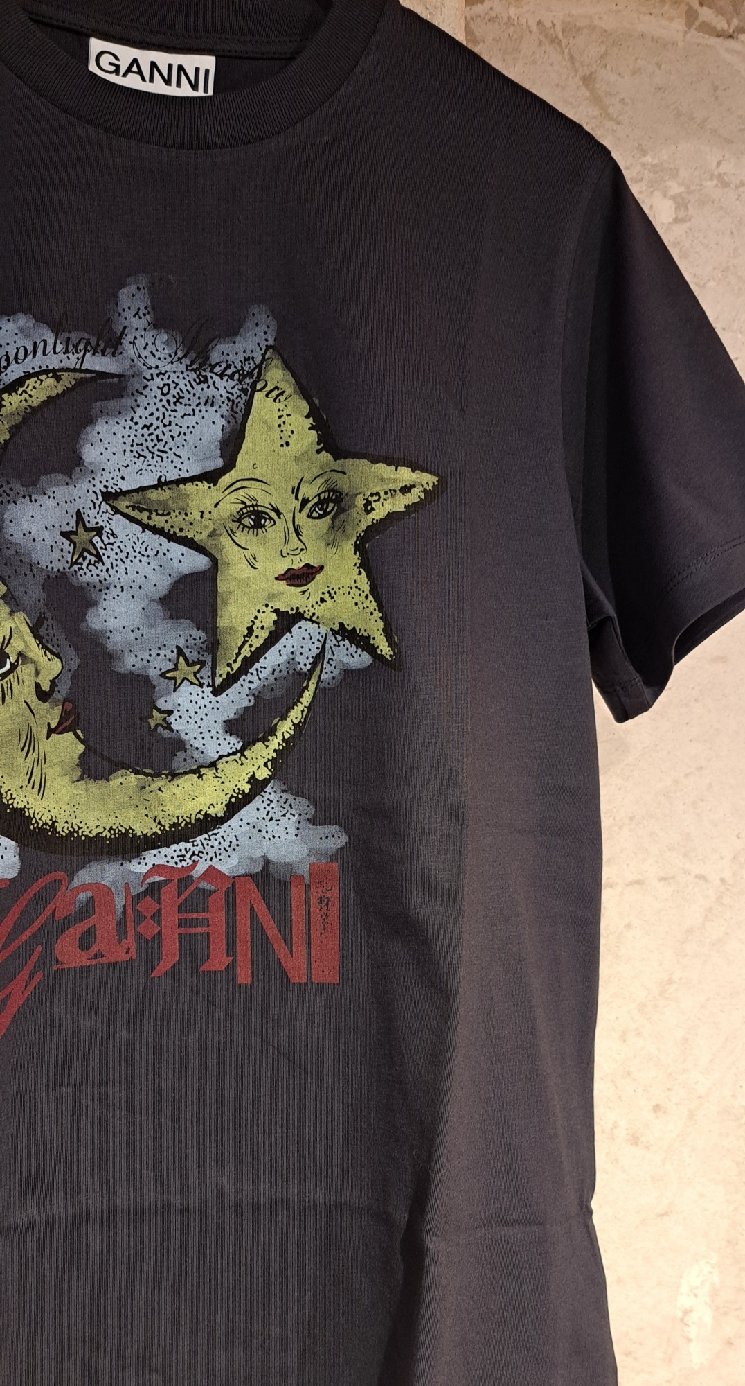 Ganni Blue Crewneck T-shirt With Maxi Logo Print On The Front In Cotton Man In Black