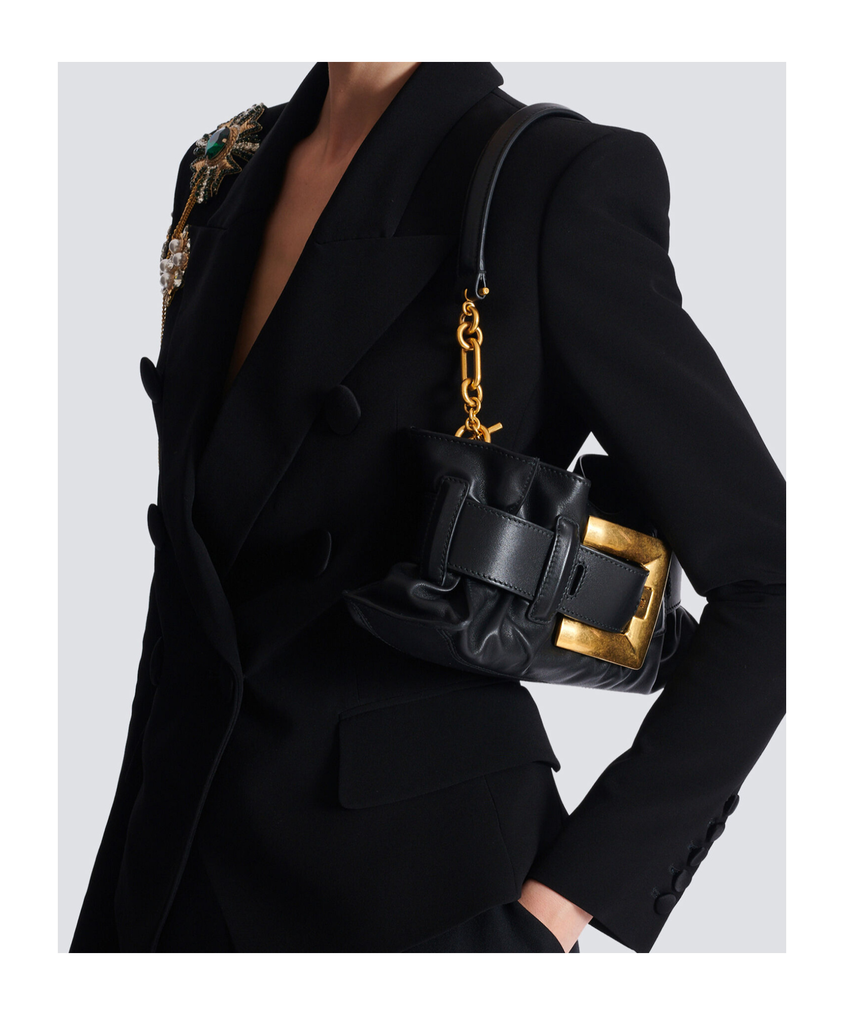 Balmain Anthem Mini Buckle Shoulder Bag In Calfskin Leather In Black