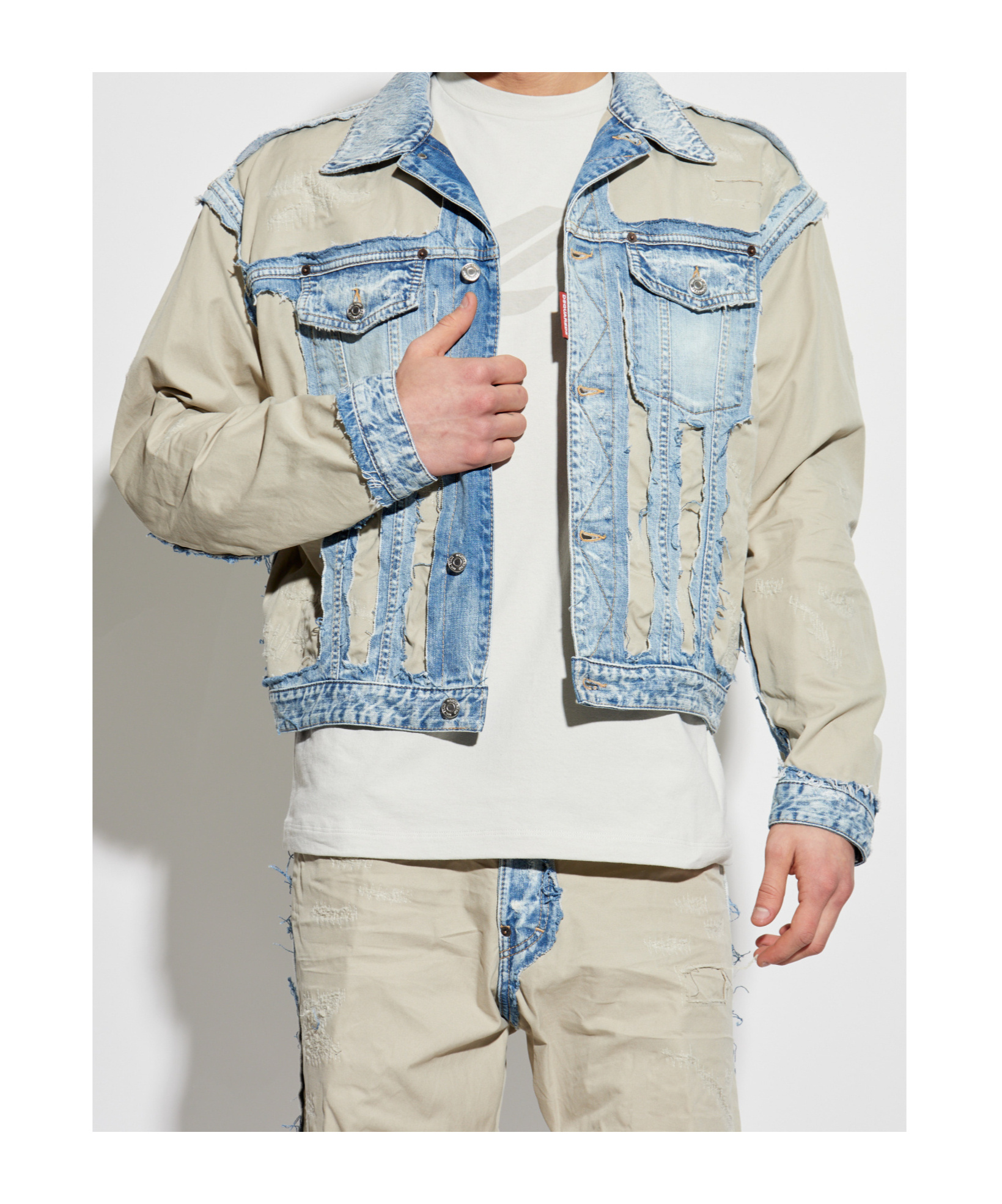 Dsquared2 Blue & Beige Super Ripped Mixed Denim Jacket In Nude