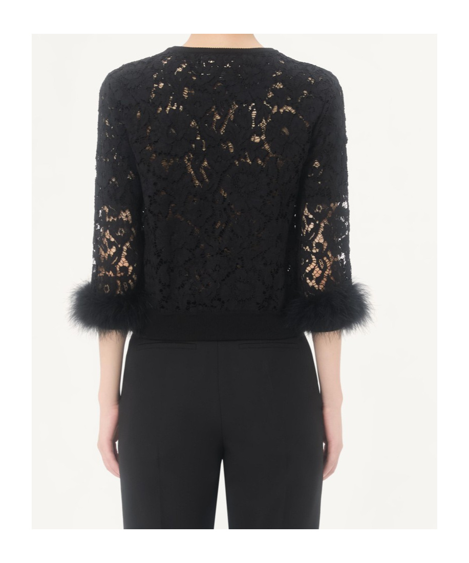 Valentino Feather-trimmed Cotton Corded Lace Cardigan In Black