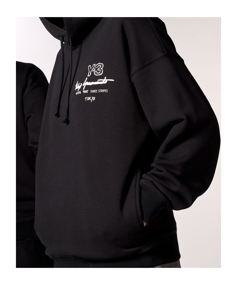 Y-3 Graphic-print Black Cotton Hoodie With Drawstring Hood In Black