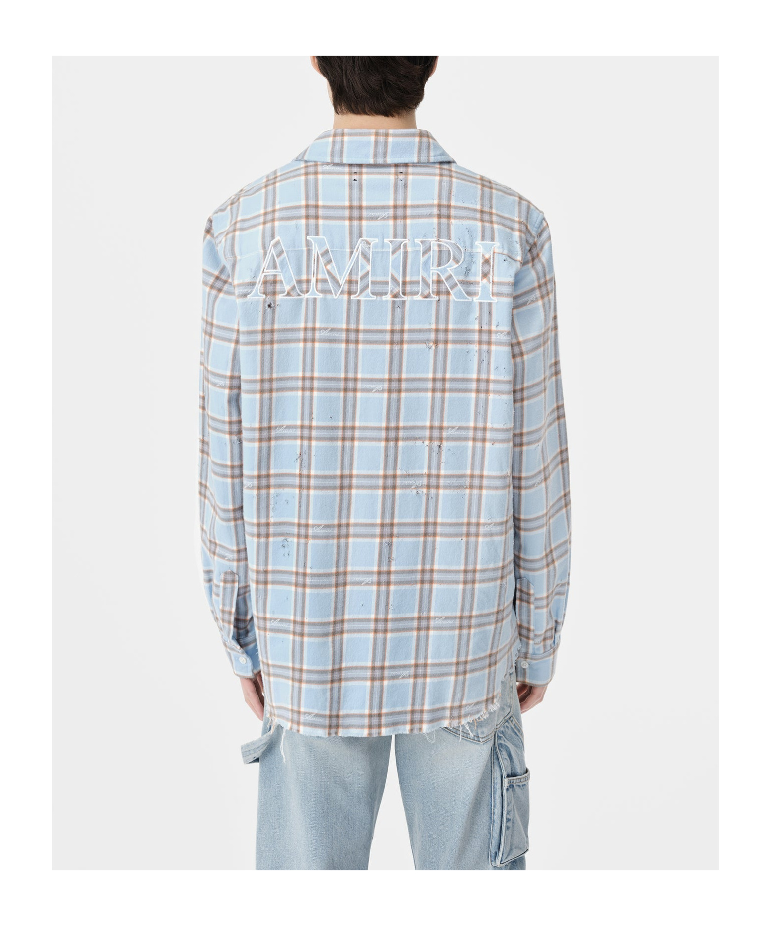 Amiri Mens Sea Blue Shotgun Distressed Regular-fit Cotton Flannel Shirt In Gray