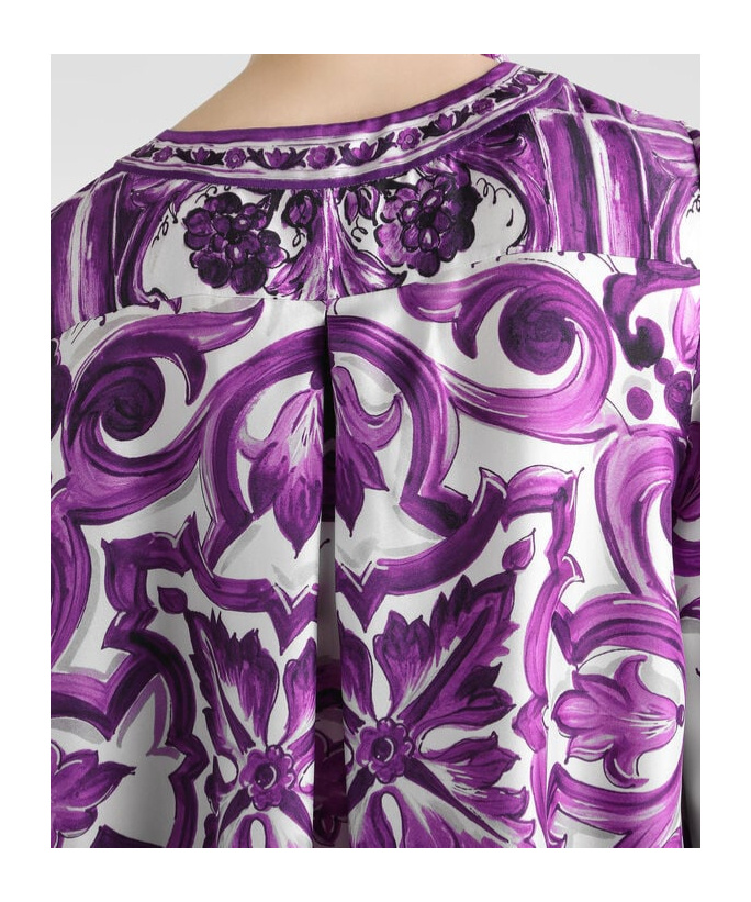 Dolce & Gabbana Majolica Silk Twill Long-sleeve Mini Shift Dress In Purple