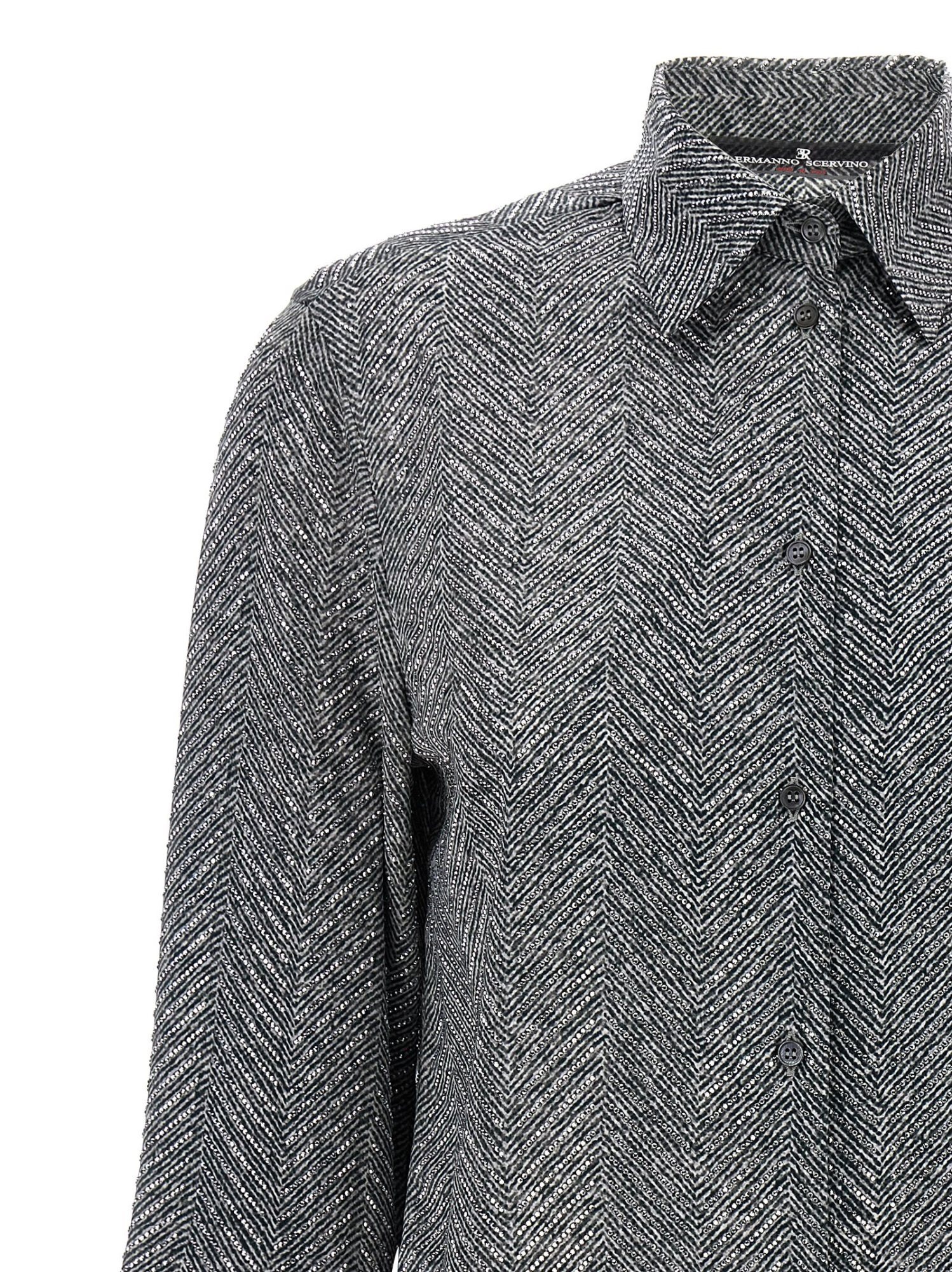 Ermanno Scervino Herringbone Shirt Adorned With Rhinestone Details In Gray
