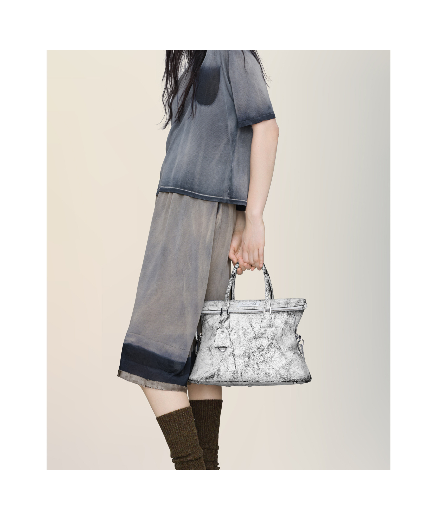 Maison Margiela Textured Leather Shoulder Bag With Top Handles In White