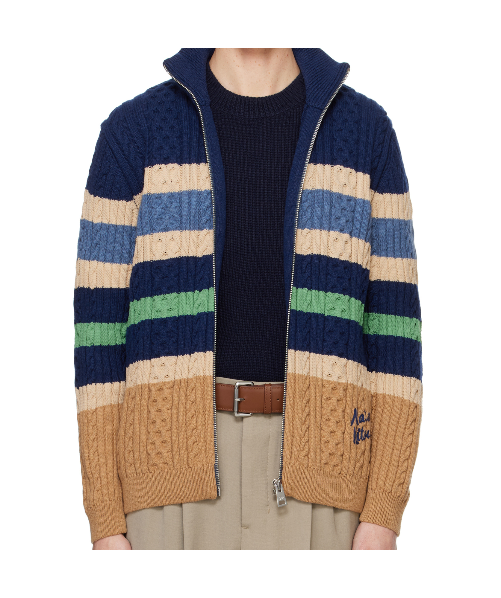 Maison Kitsuné Striped Cable Zipped Cardigan In Navy/chamomile In Nude