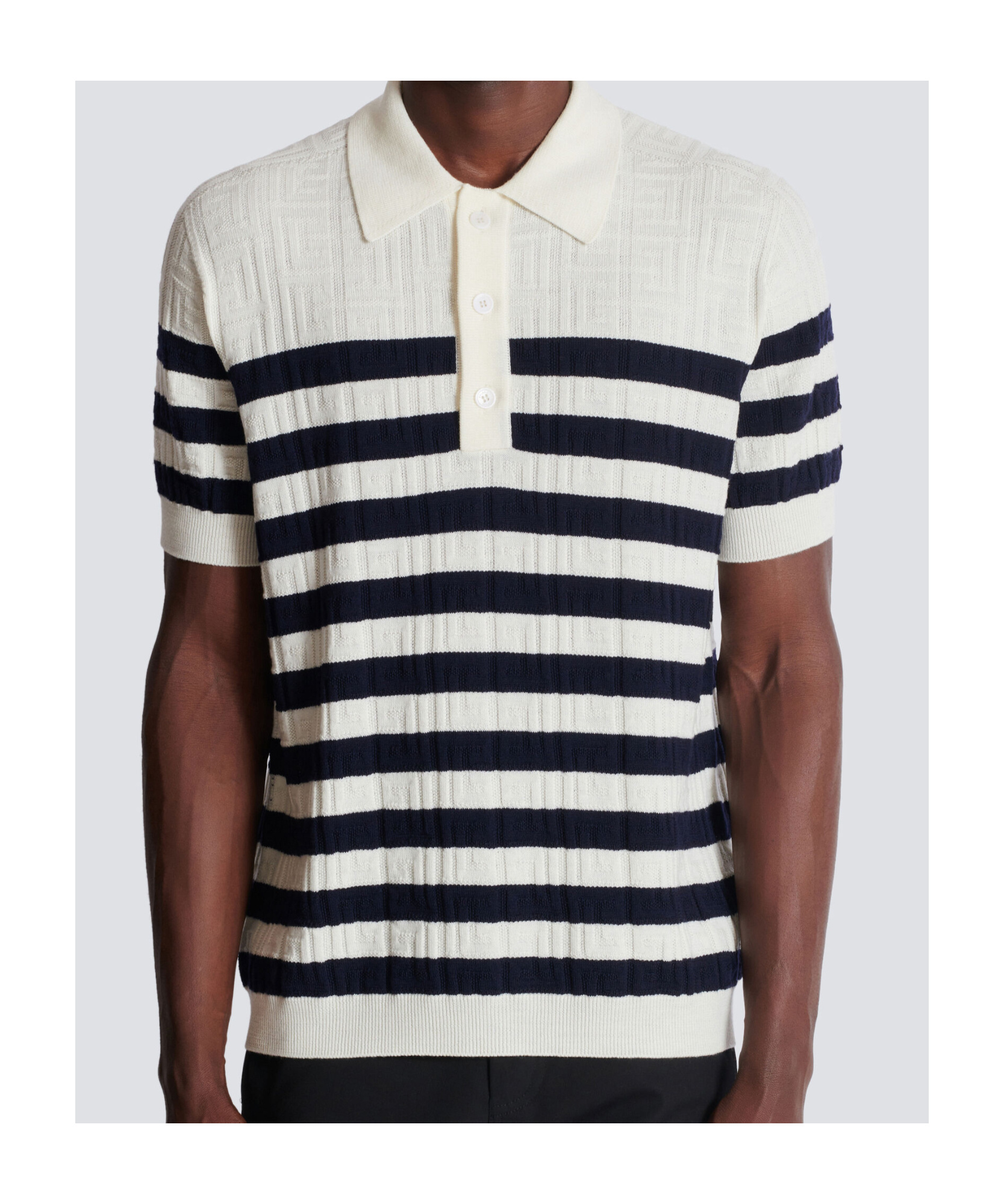 Balmain Striped Knit Polo Shirt With Monogram In Multi