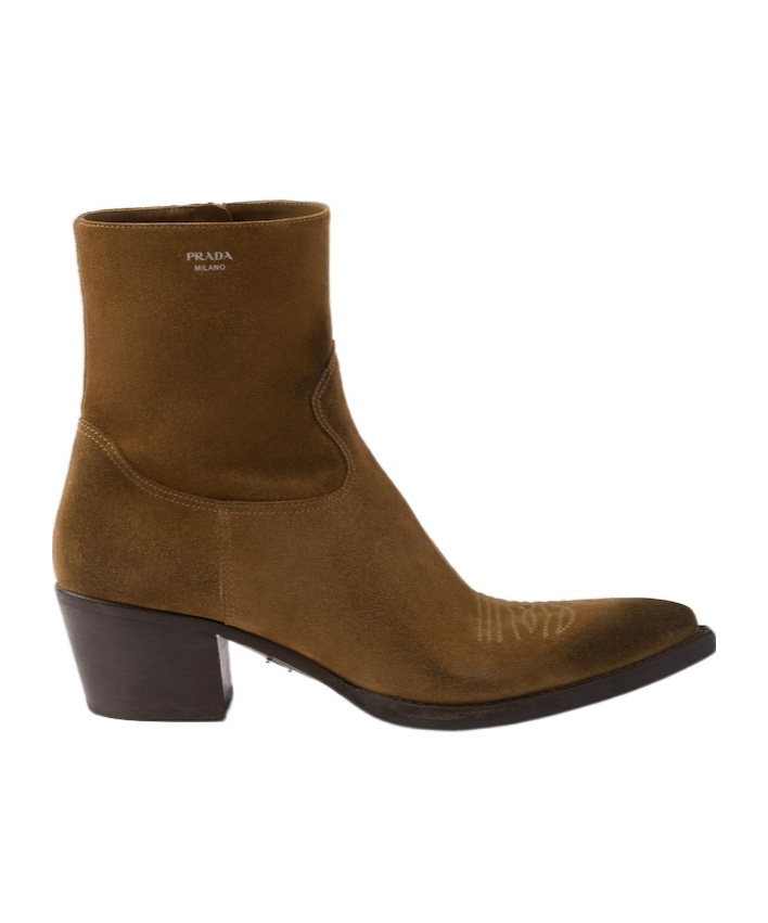 Prada Suede Heeled Western Ankle Boots 55