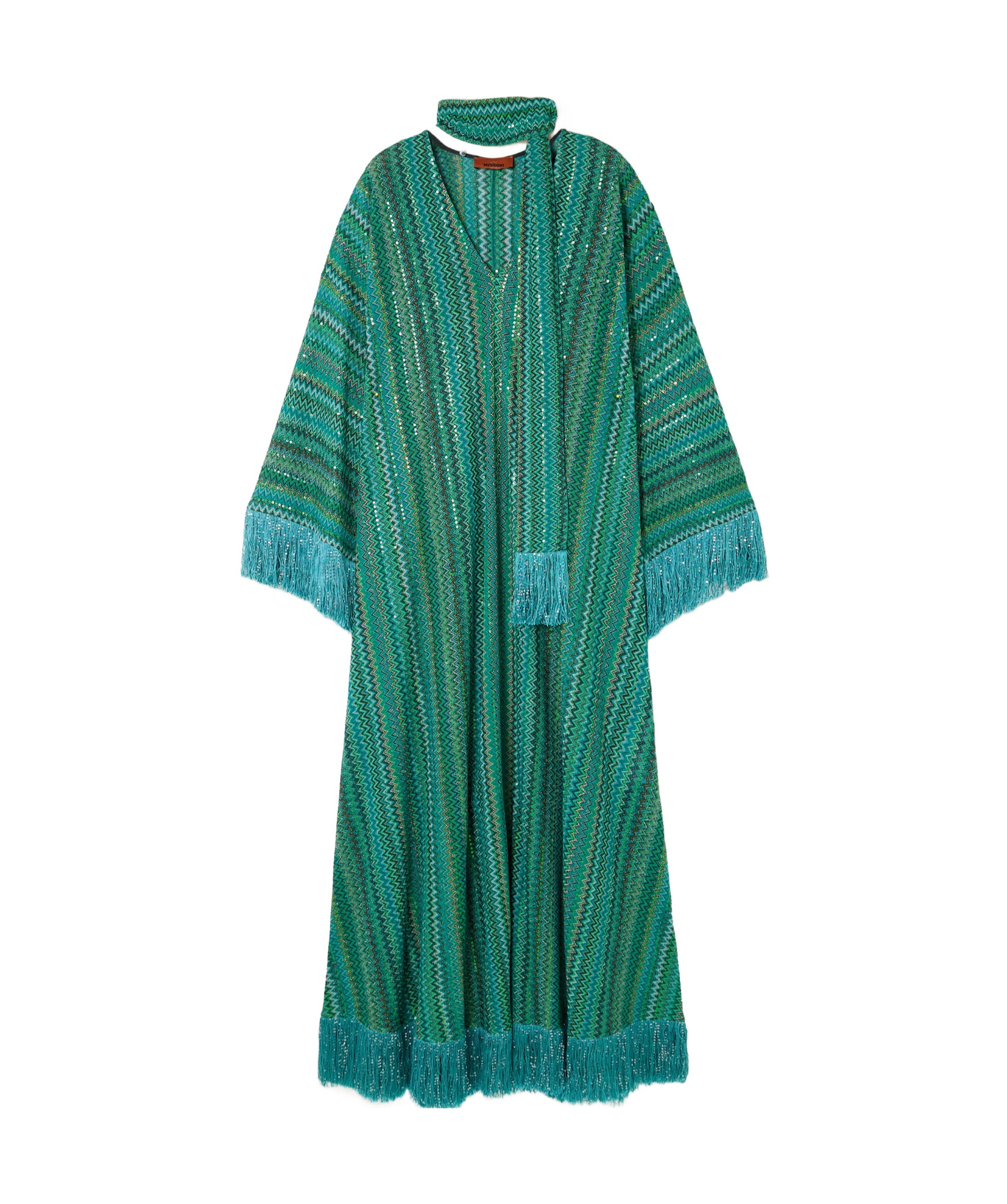 Missoni Zickzack-kaftan Mit Pailletten Und V-ausschnitt Und Abnehmbarem Schal Mit Fransen In Green