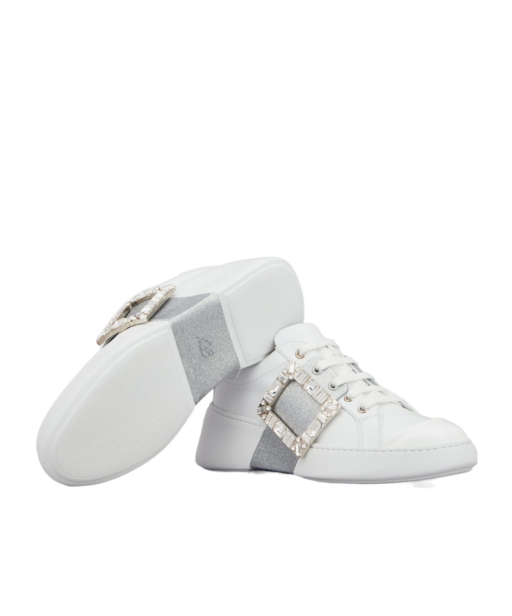 Roger Vivier White Viv Skate Sneakers With Rhinestone Buckles In White