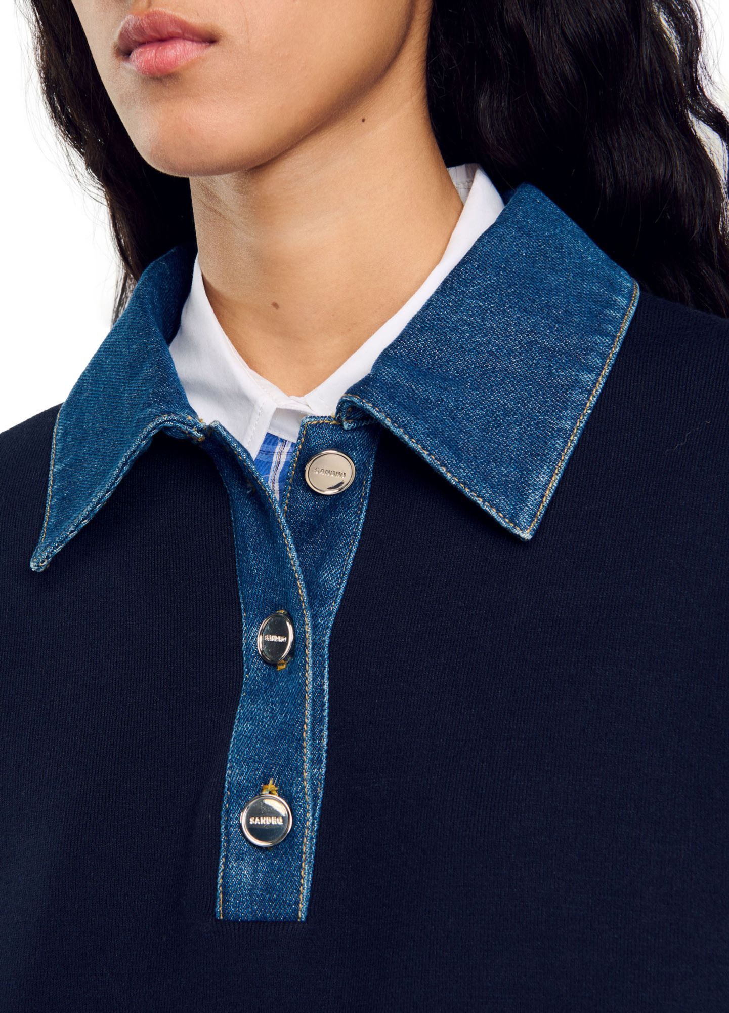 Shop Sandro Sweater With Denim Collar In Blue