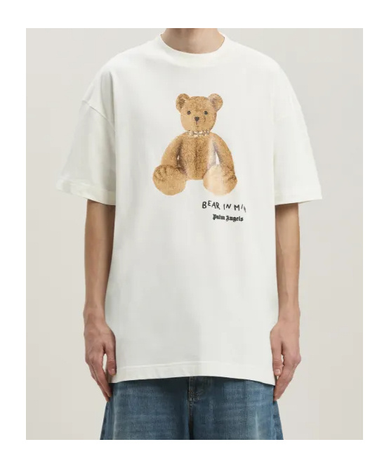 Palm Angels Bear In Mind White T-shirt With Bear Print And Logo Lettering On The Front In Cotton Man In White