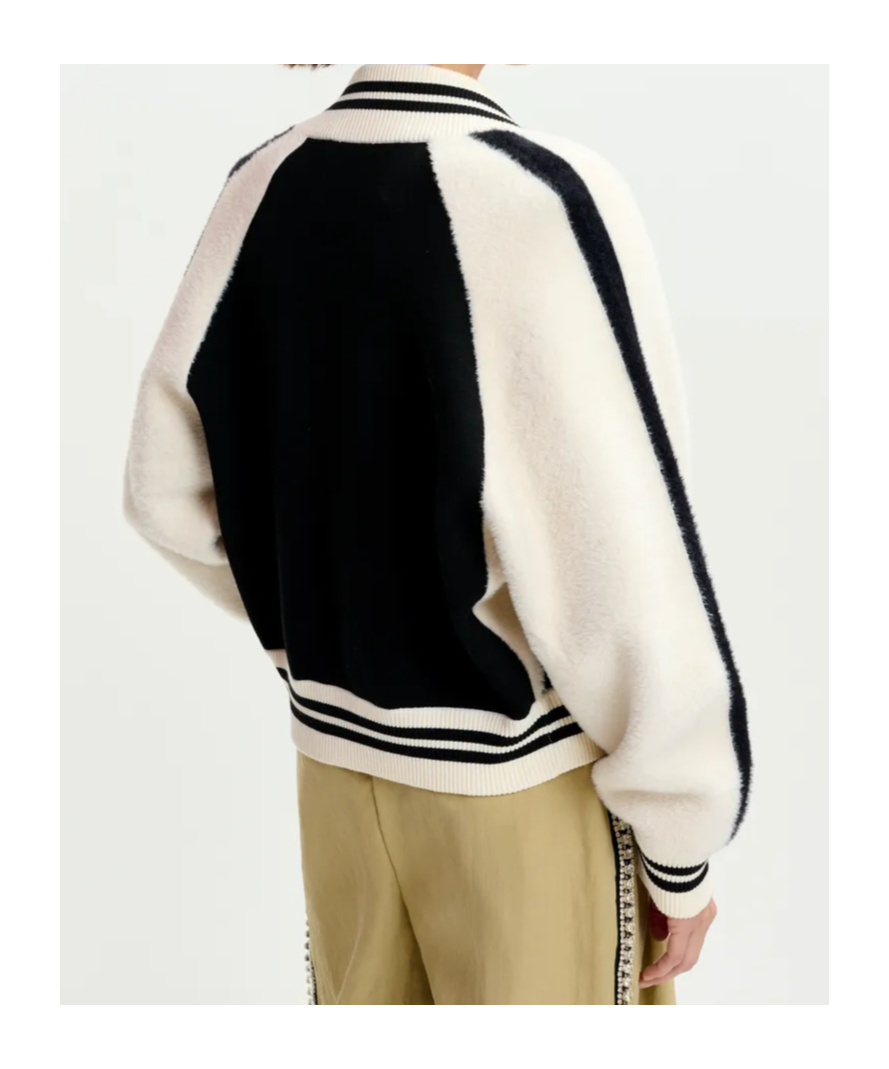 Essentiel Antwerp Black And White Faux Fur-panelled Knitted Bomber Jacket In Multi
