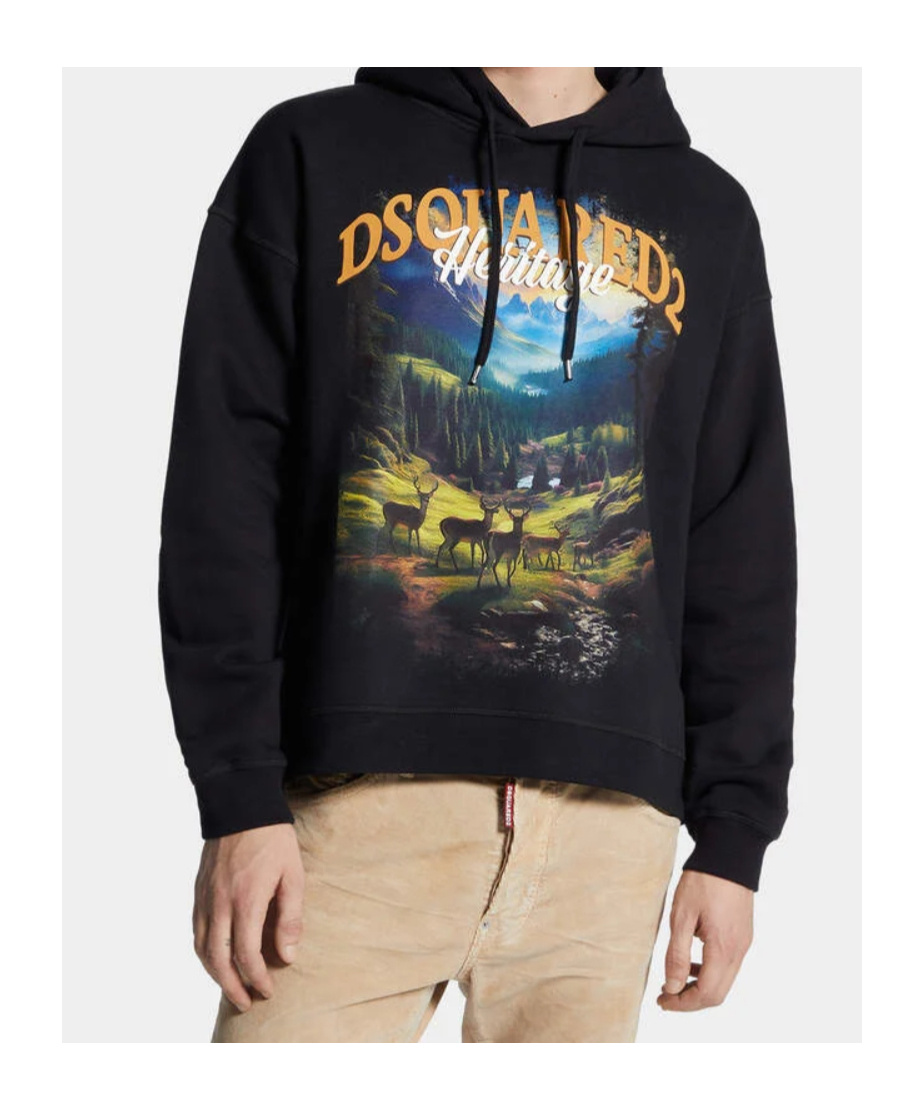 Dsquared2 Scenic Mountain Landscape Hoodie With Drawstring Detail In Black