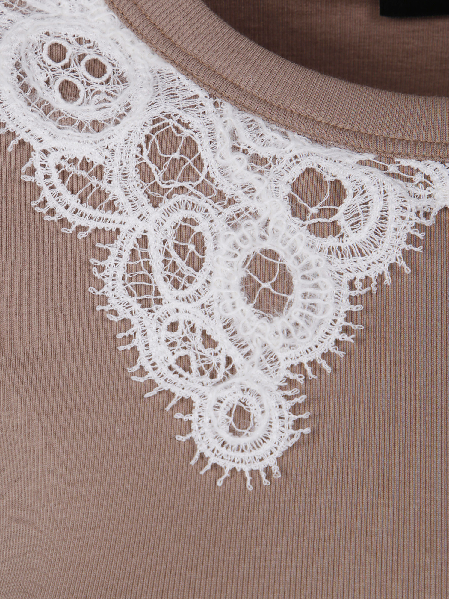 Fabiana Filippi Long Sleeve T-shirt With Macrame Lace Collar In Brown
