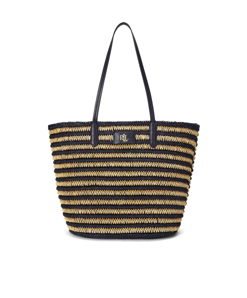 Ralph Lauren Brie Large Striped Straw Tote Bag In Black