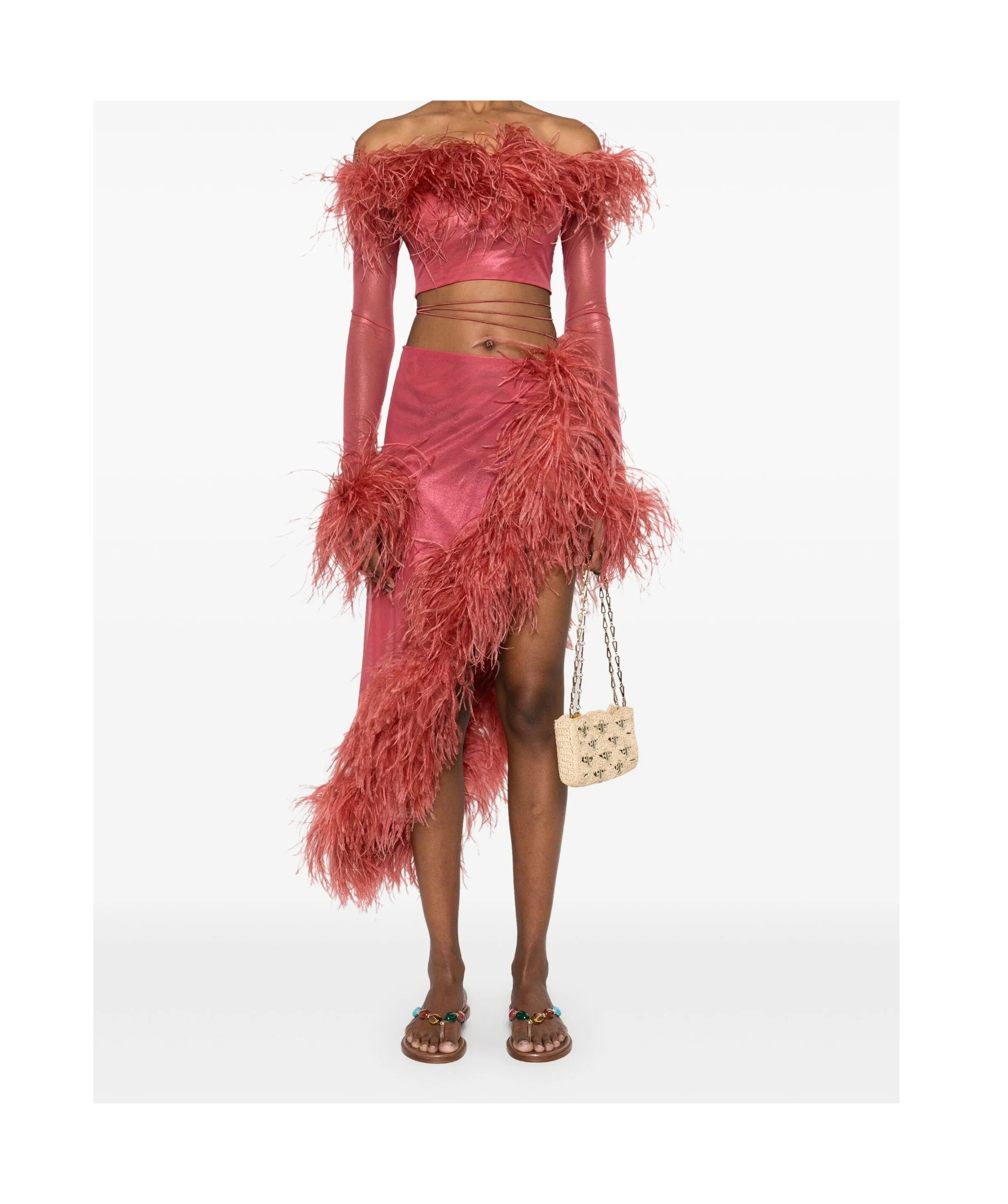Oseree Feather-trim Cropped Top In Pink
