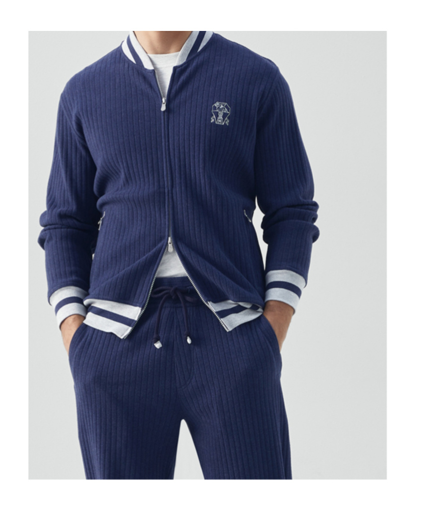 Brunello Cucinelli Logo-embroidered Ribbed Zip-up Sweatshirt In Blue