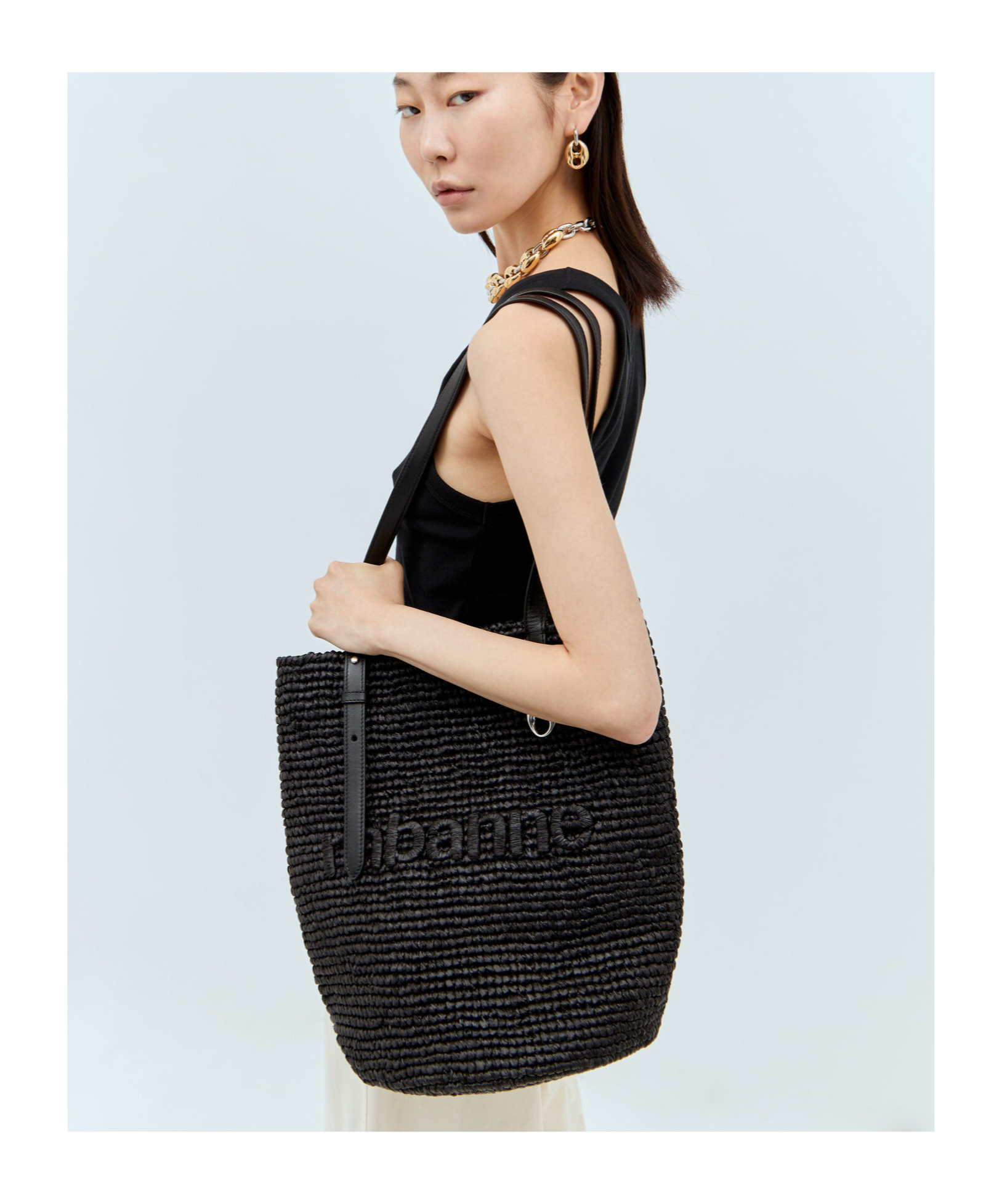 Rabanne Logo-embroidered Raffia Tote Bag In Black