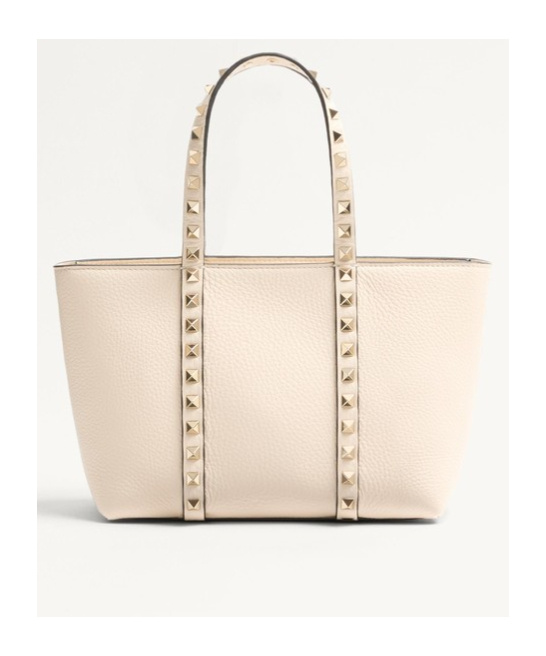 Valentino Garavani Sand Leather Small Rockstud Shopping Bag In Neutral