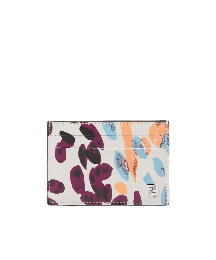 Fendi Light Gray Leather Card Holder With Falena Print In Brown