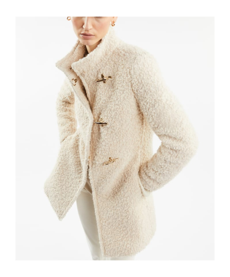 Fay Textured Mid-length Coat With Curly Fabric In Nude