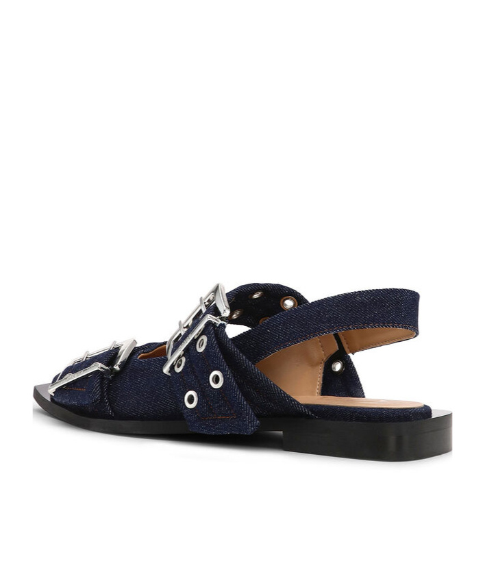 Shop Ganni Denim Feminine Buckle Ballerinas In Black