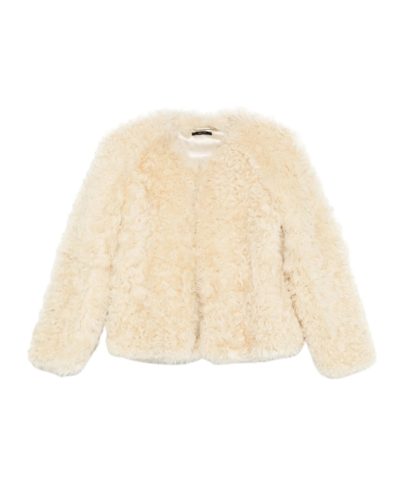 Tom Ford Curly Sheep Shearling Collarless Jacket In Neutral
