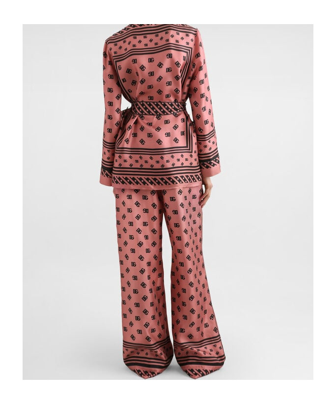 Dolce & Gabbana Silk Satin Jacquard Pajamas With Full Dg Logo In Pink