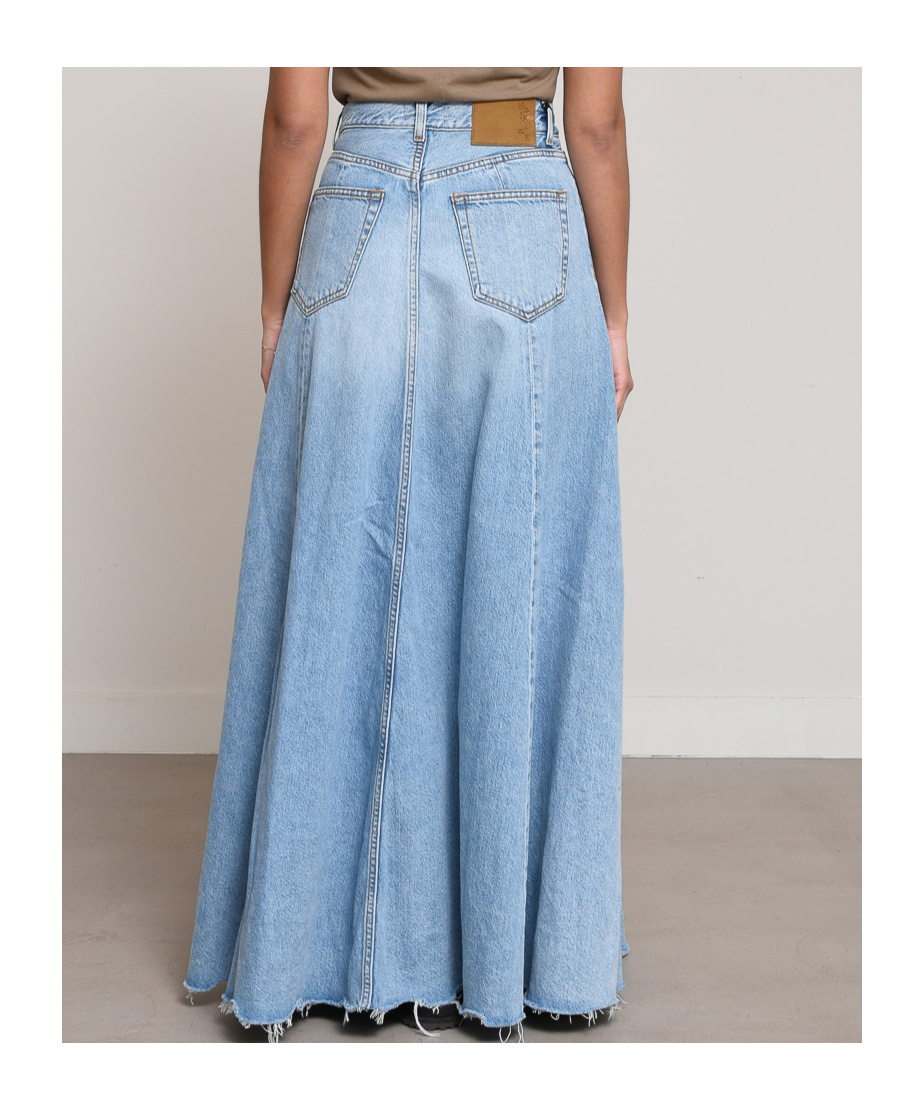 Haikure Serenity Distressed Paneled Denim Maxi Skirt In Blue