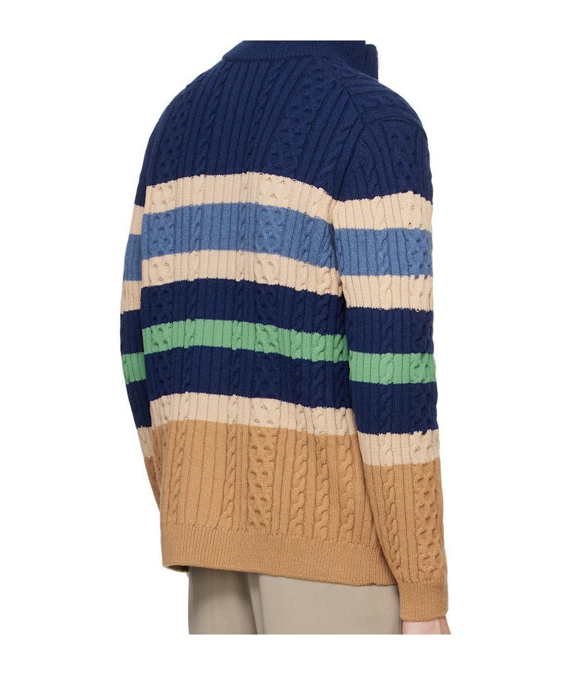 Maison Kitsuné Striped Cable Zipped Cardigan In Navy/chamomile In Nude