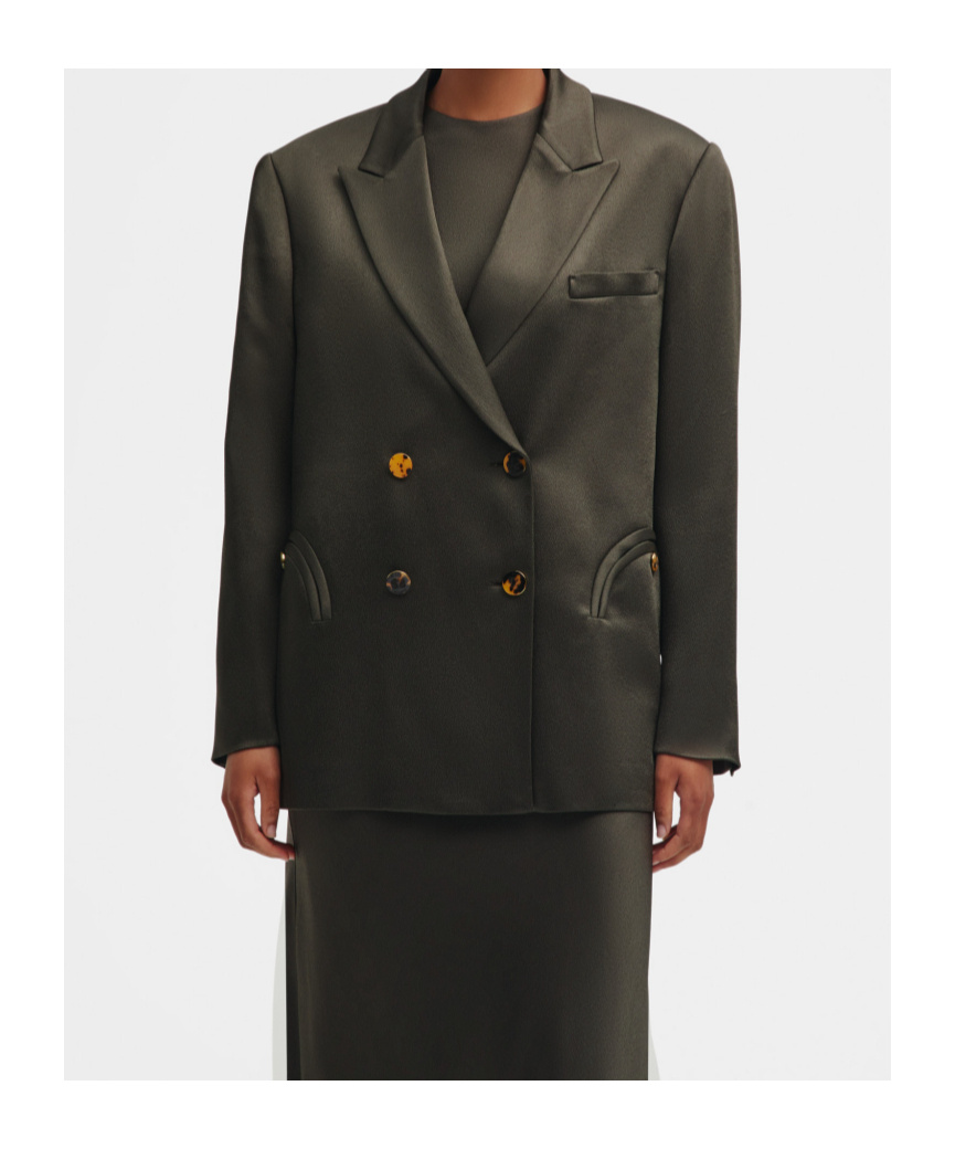 Blazé Milano Womens Oversized Double-breasted Dark Forest Green Satin Blazer In Green