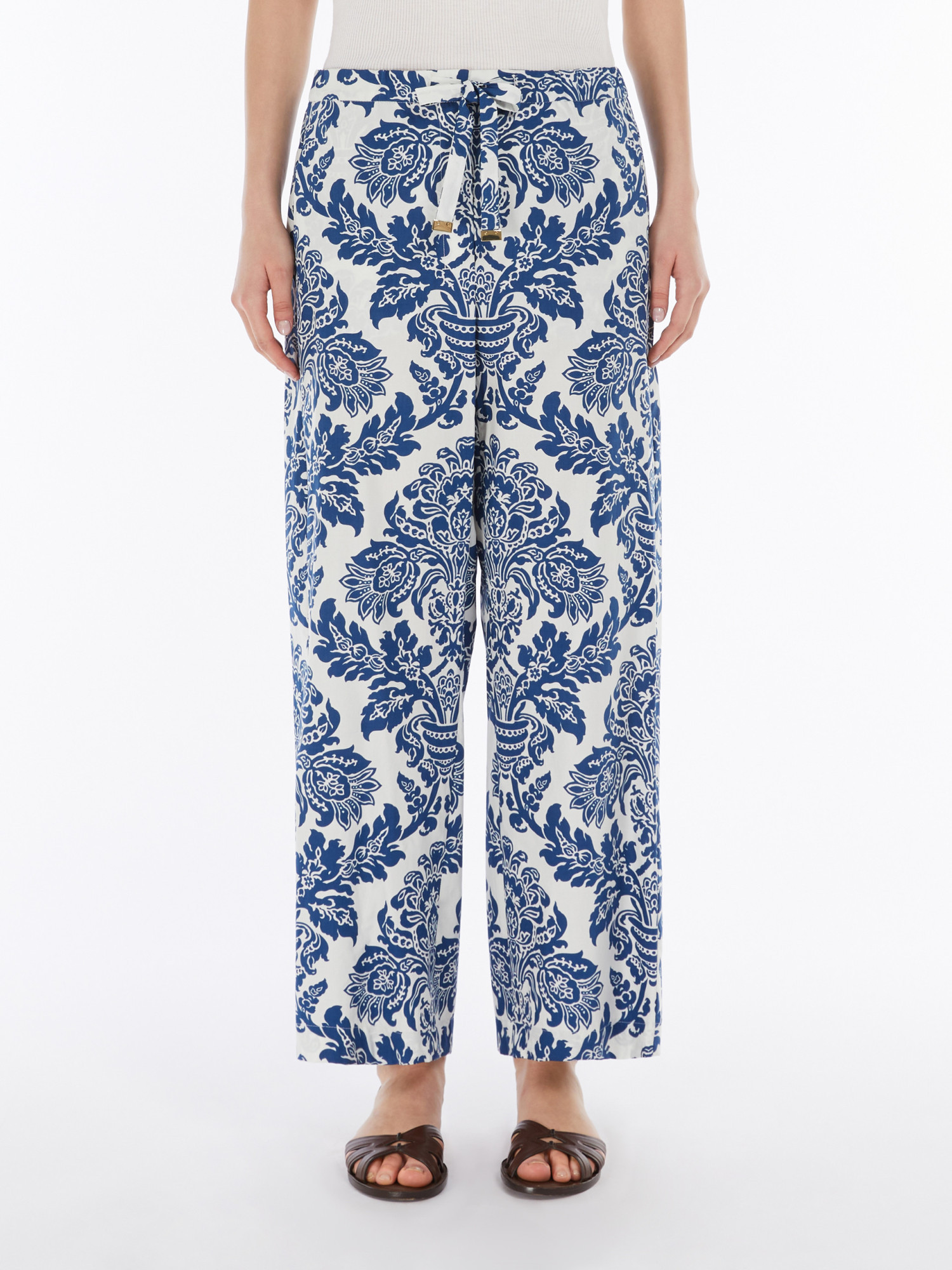 Shop Max Mara Printed Poplin Trousers In Blue