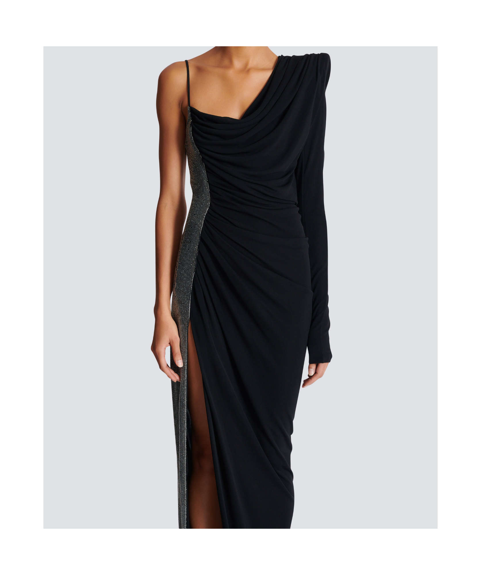 Balmain Draped Asymmetrical Two-material Dress In Black