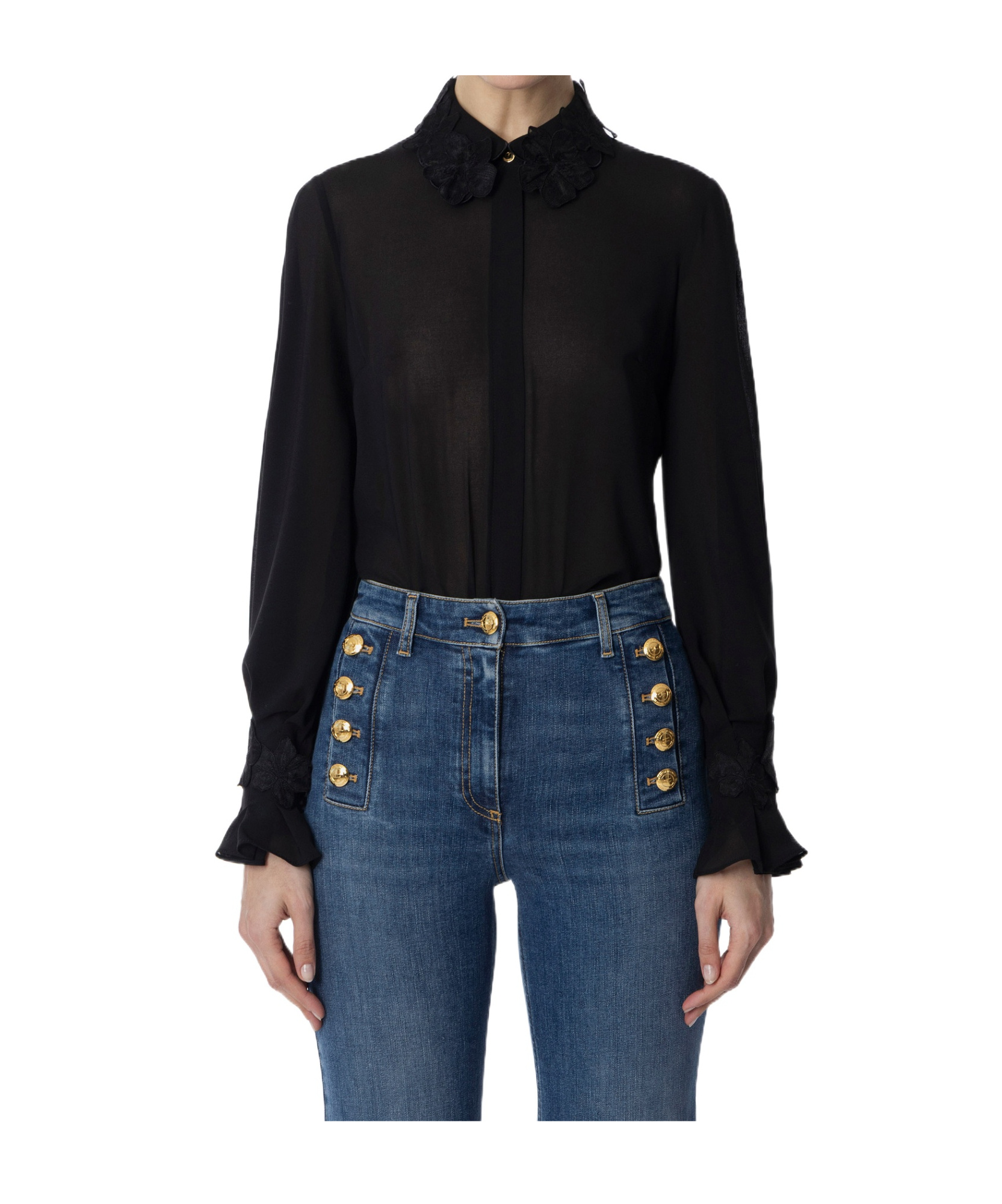 Elisabetta Franchi Shirt In Georgette Fabric With Floral Embroideries In Black