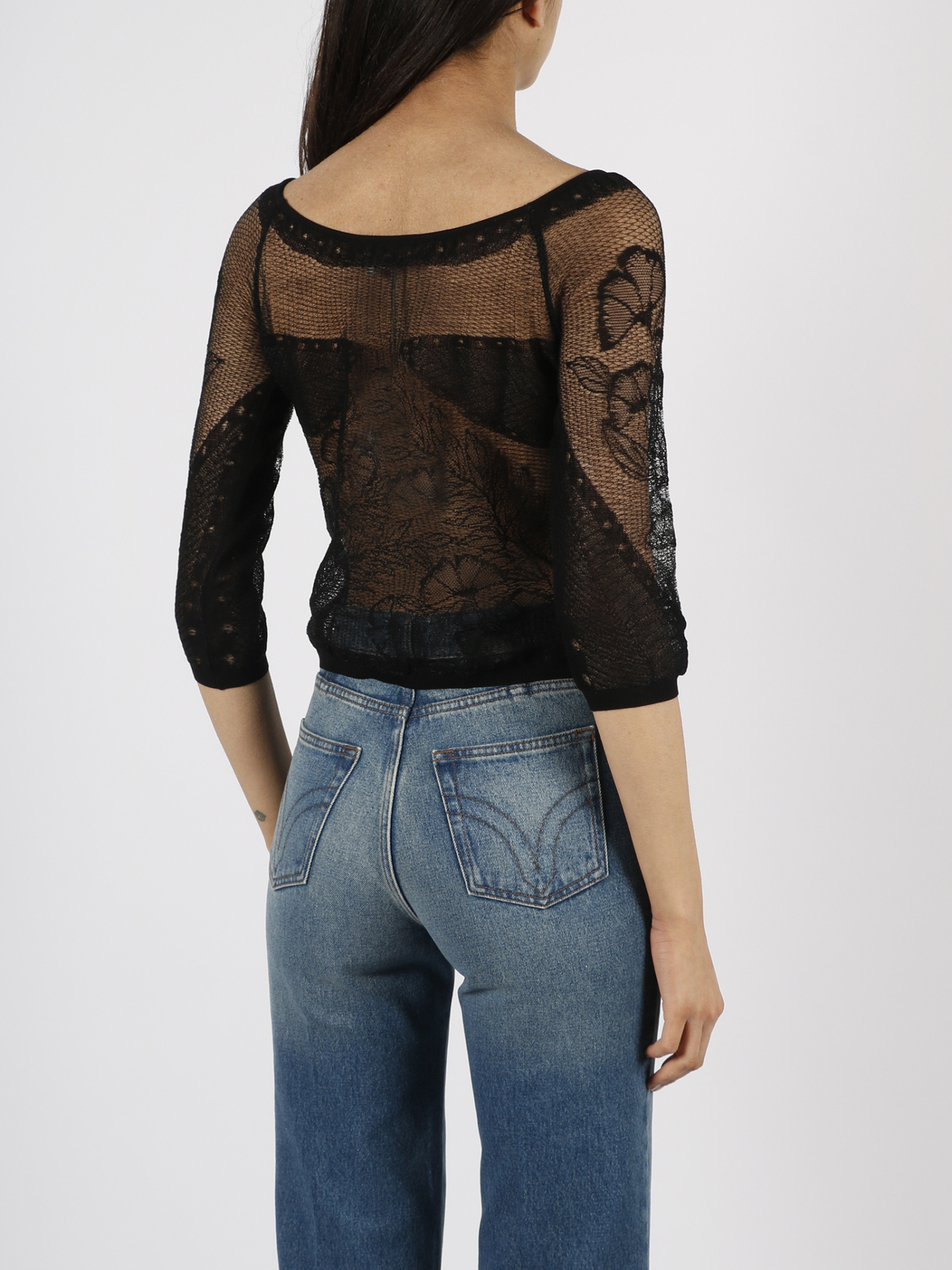 Alberta Ferretti Lace Detailed Semi-sheer Top In Black