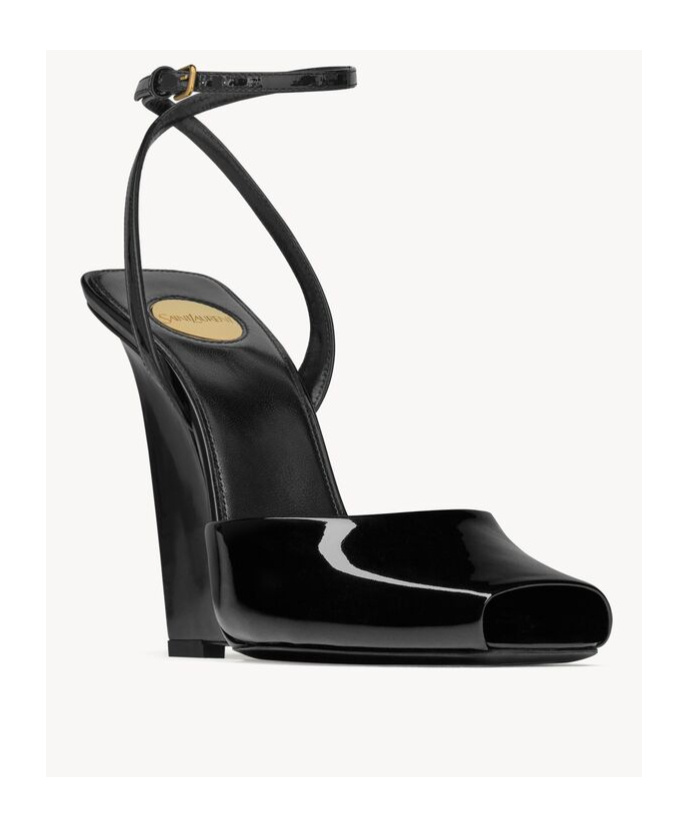 Saint Laurent La Scandale 110 Patent Leather Wedge Sandals In Black
