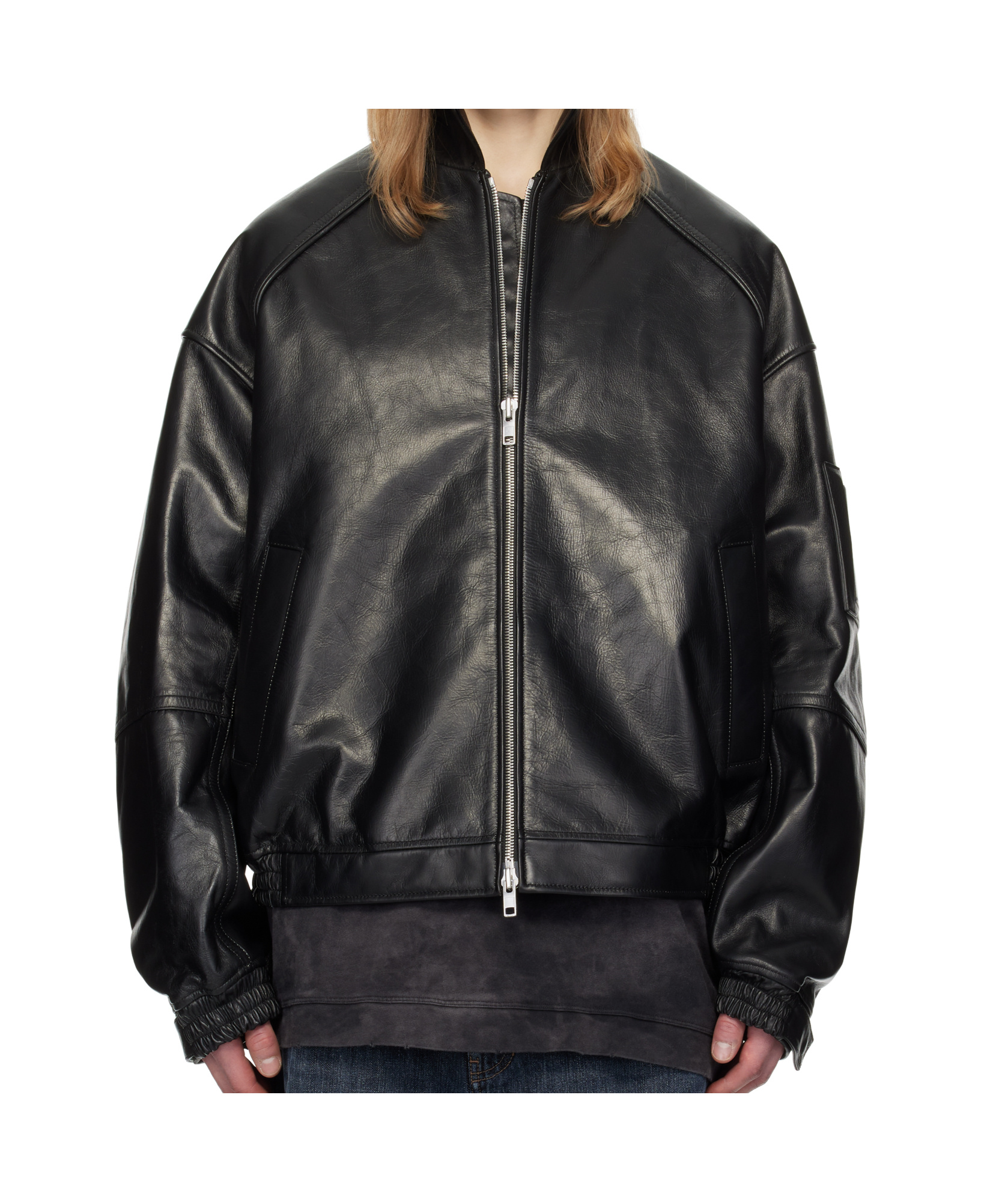 Juunj Stand Collar Leather Bomber Jacket In Black