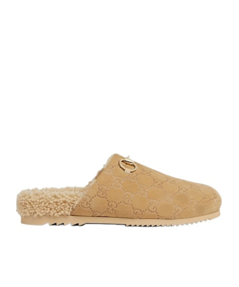 Gucci Horsebit Gg Suede Shearling Mules In Nude