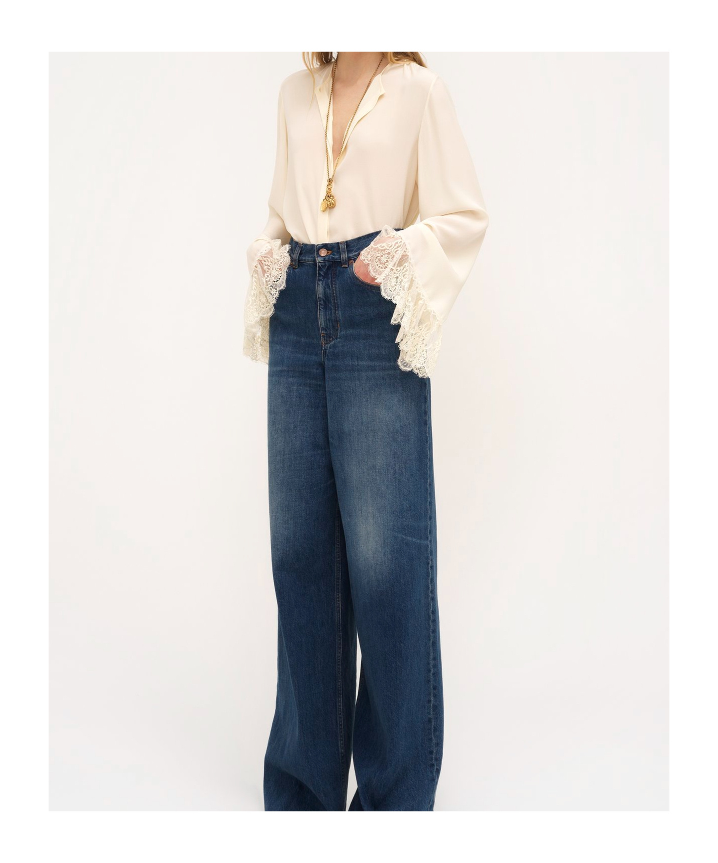 Chloé Button Down Crepe De Chine Top With Lace Sleeves In White