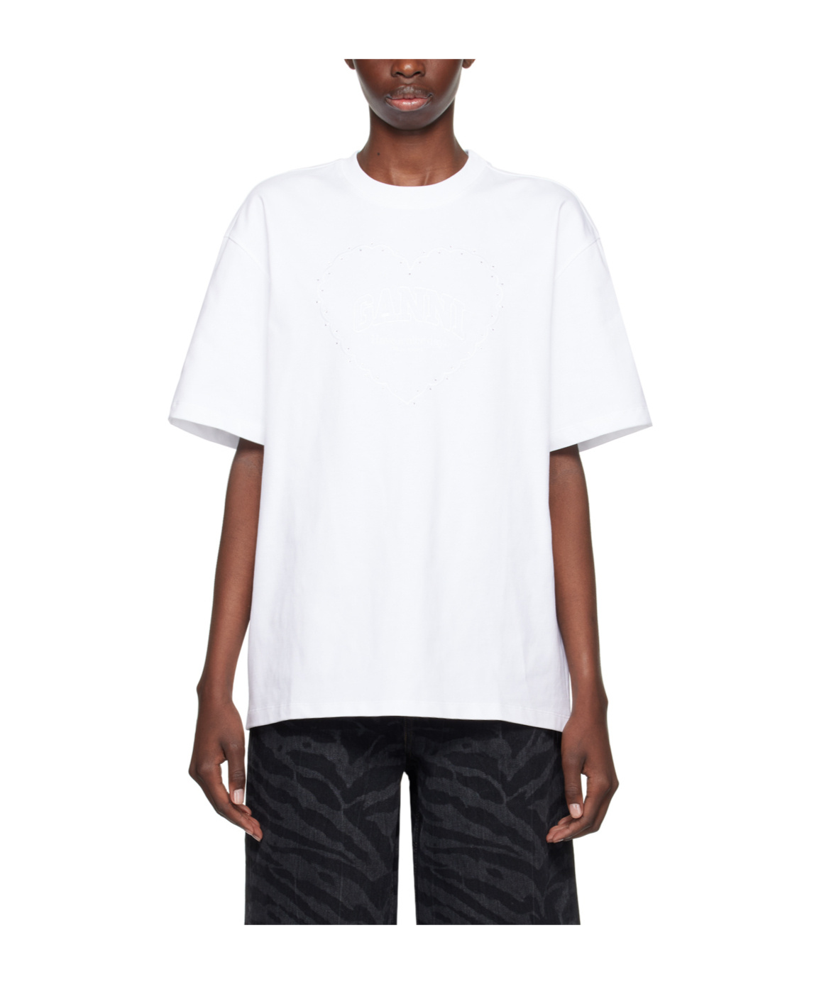 Ganni Rhinestone Logo Embroidery T-shirt In White