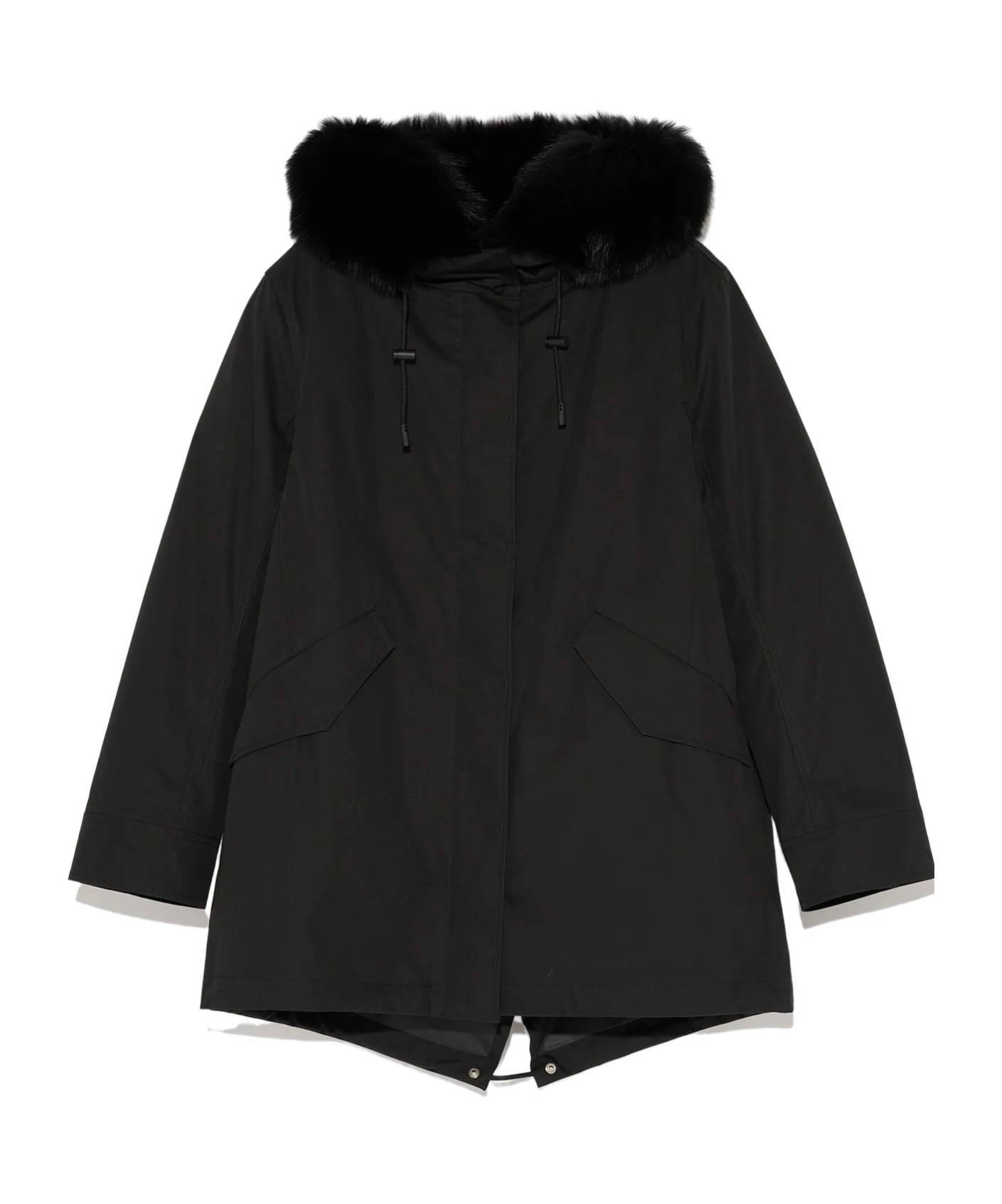 Yves Salomon Short Iconic Parka In Waterproof Cotton Blend With Fox And Rabbit Fur In Black