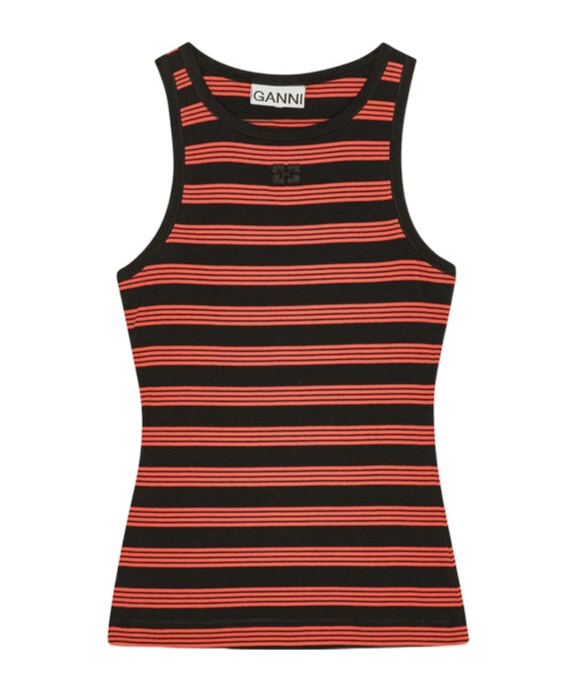 Ganni Red Striped Soft Cotton Rib Tank Top