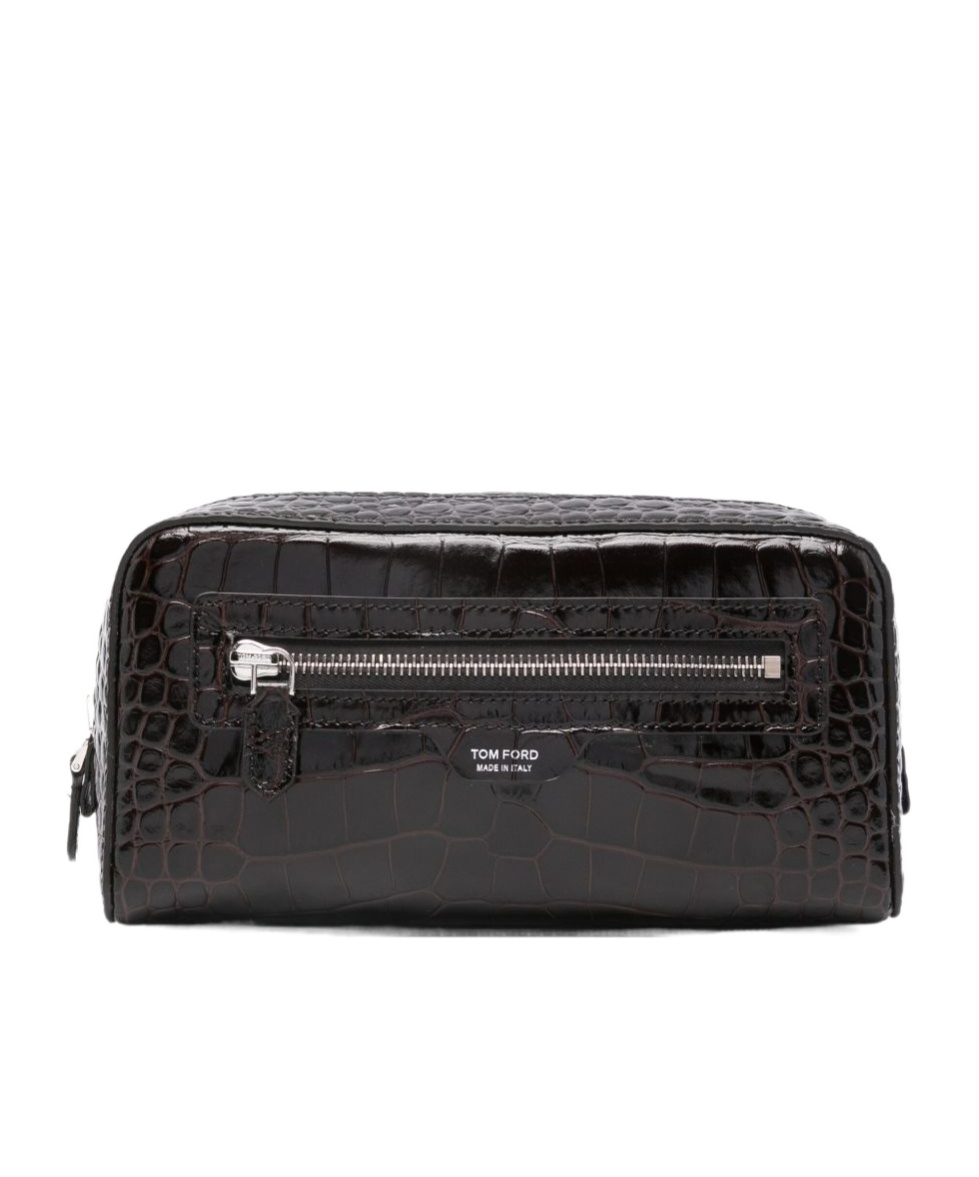 Tom Ford Rectangular Leather Beauty Case With Crocodile Texture In Brown