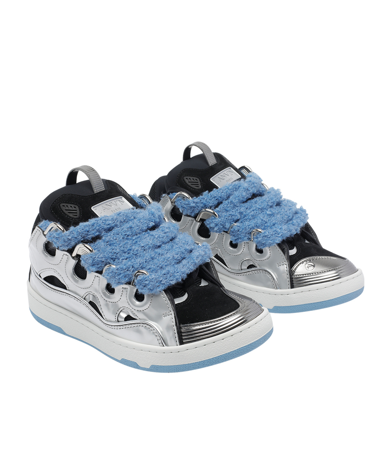 Lanvin Curb Metallic Leather Sneakers With Mesh Laces Shoes In White