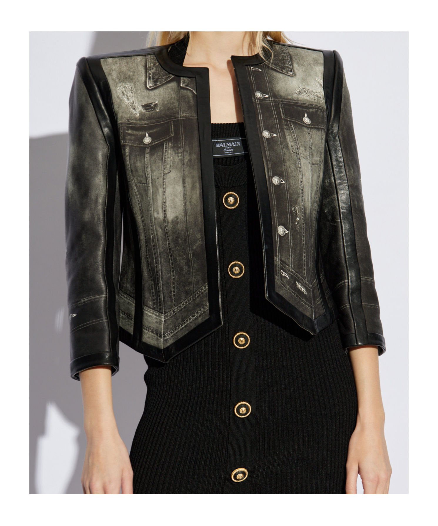 Balmain Denim-print Leather Jacket In Black