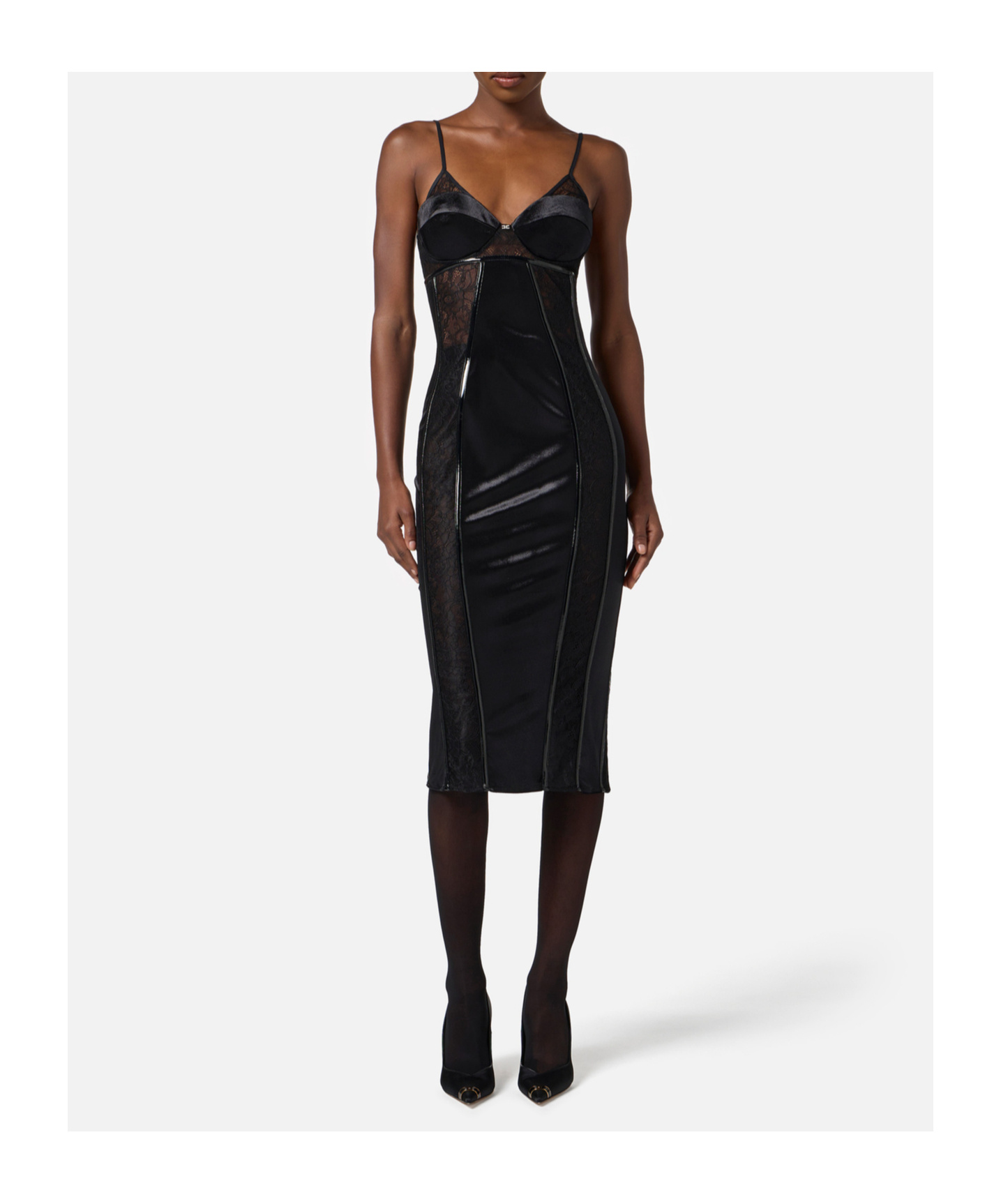 Elisabetta Franchi Dress In Velvet And Floral Lace Fabrics In White
